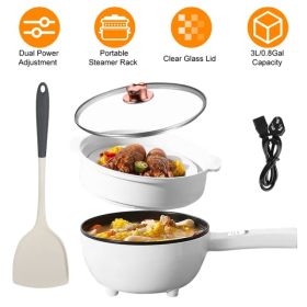 Electric Hot Pot Non-Stick Frying Pan Portable Rapid Noodles Cooker With Long Handle Steamer Spatula Dual Power Control Overheat Dry-Boil Protect (Option: white)